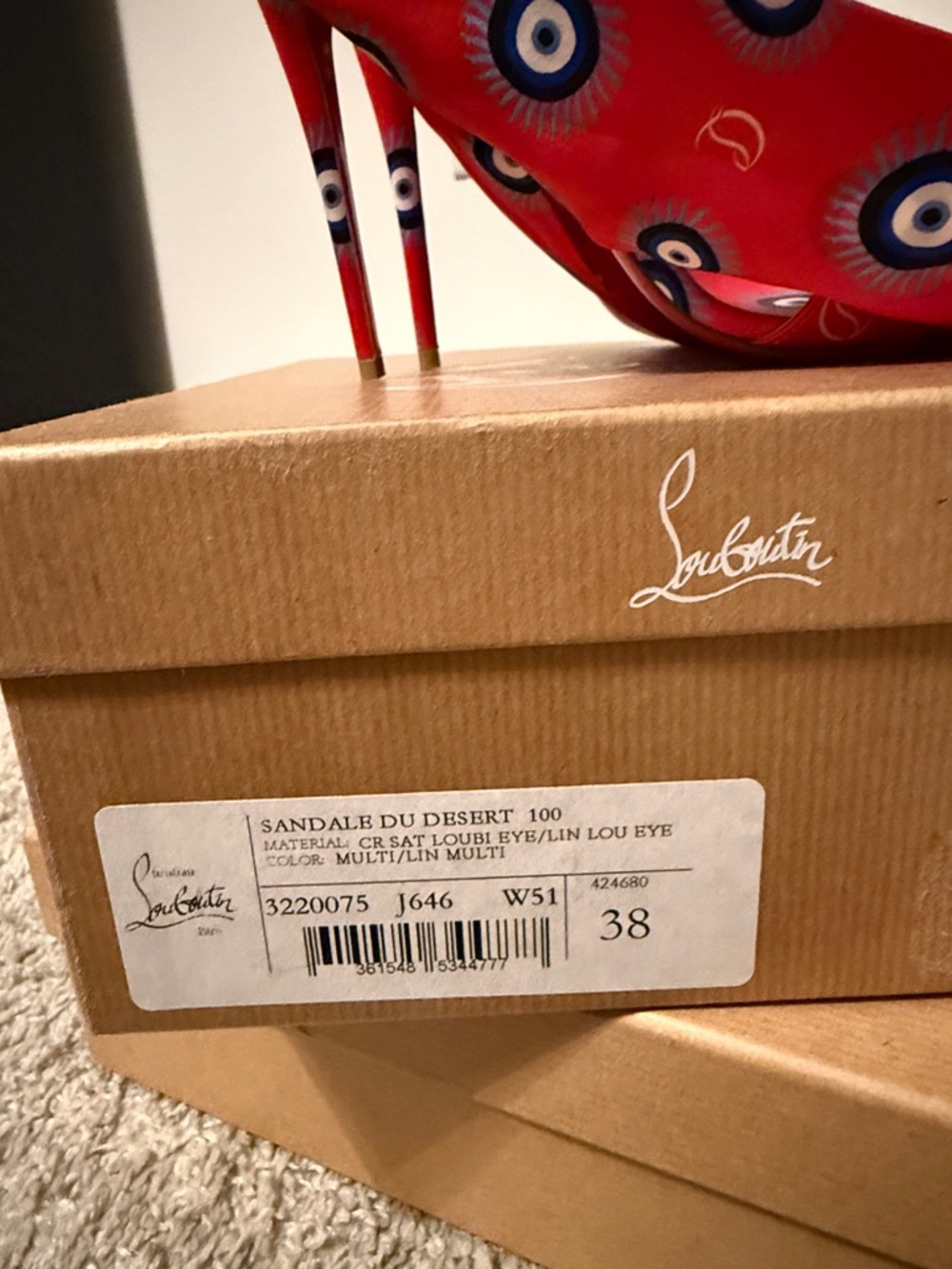 Christian Louboutin Red Satin Eye-Print Stiletto Sandals with Ankle Tie - Picture 5 of 6